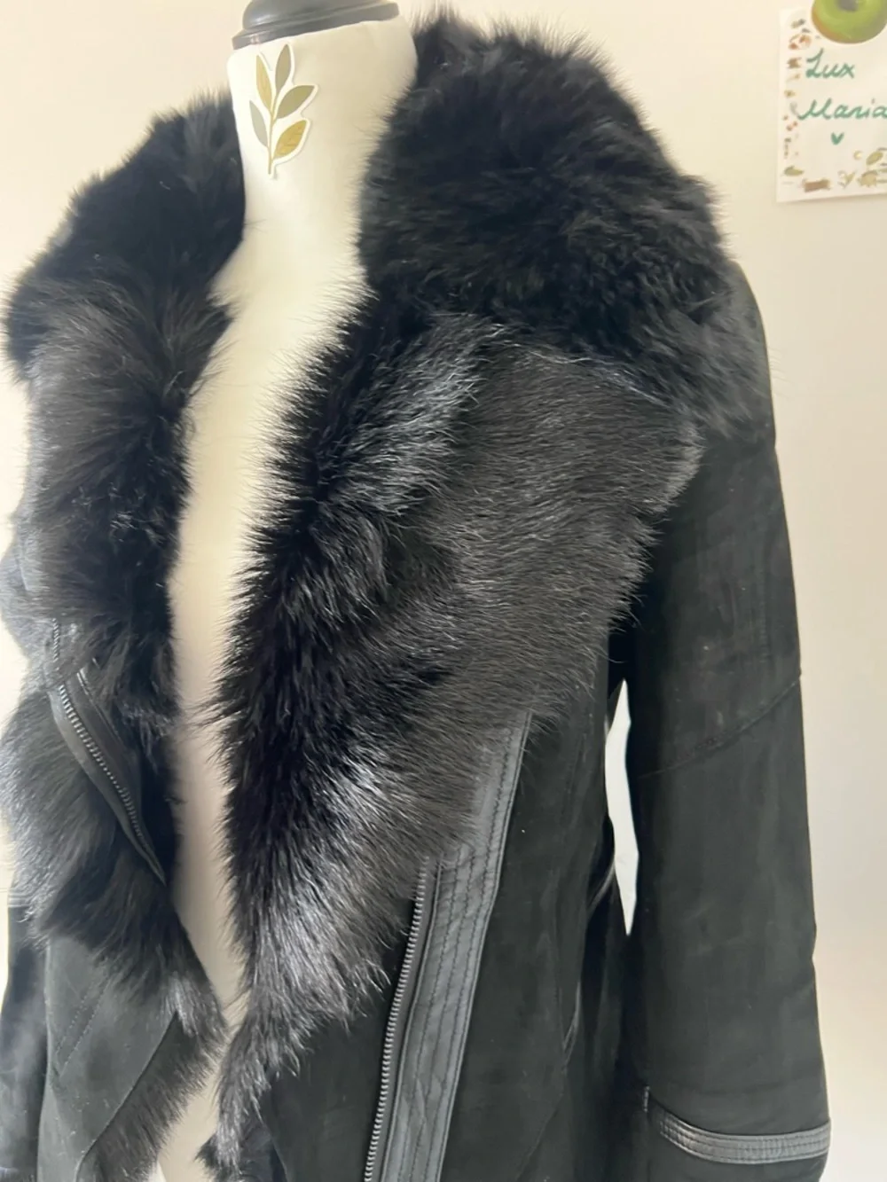 Black Real Suede Lamb Leather w Fox Fur Collar Moto Jacket XS - Picture 4 of 15